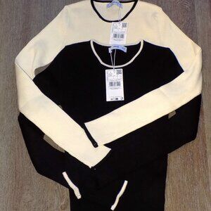 Lot 2 New W/Tags MNG Mango S Ribbed Stretch Knit Long Sleeve Tops, Cream & Black